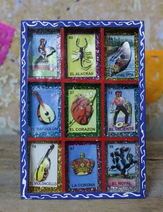 Loteria Mexican Board Game Shadow Box Hand Made & Hand Painted Folk Art