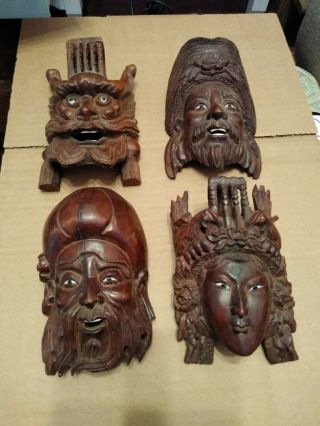 Four Hand Carved Hard Wood Chinese Masks 6 Inches Face Wall Decoration