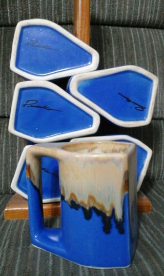 Rodolfo Padilla Coffee Mugs Blue Drip Glaze Set of 6 Pottery Stoneware Mexico 3