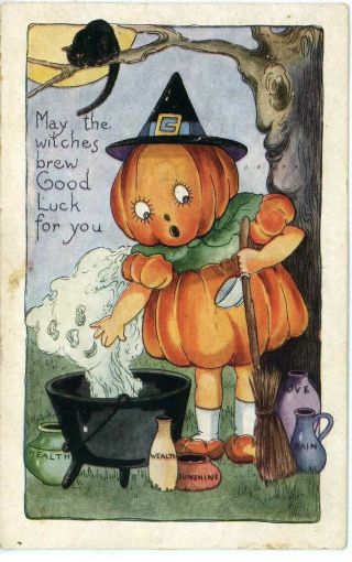 1920 Halloween May Witches Brew Good Luck Cat Pumpkin Moon Broom Postcard