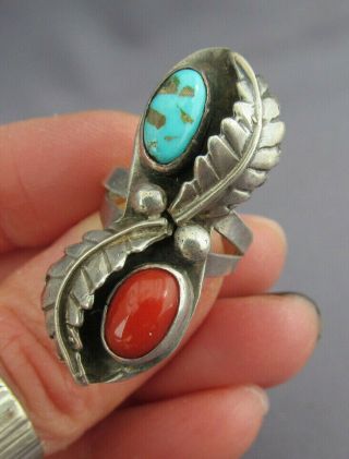Vintage Long Old Pawn Sterling Coral & Turquoise Squash Blossom Feather Ring