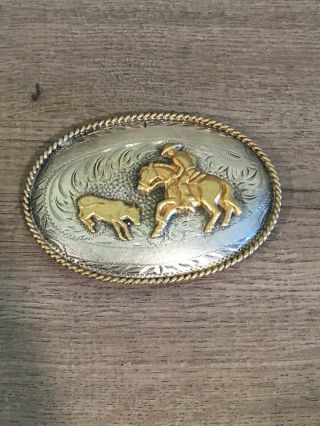 Vtg.  Tex - Tan Western Sterling Silver Front Horse Rider Belt Buckle Hand Engraved