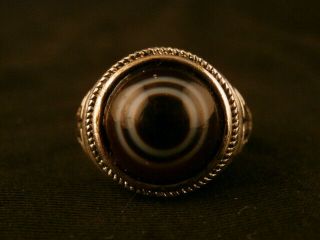 Wonderful Tibetan Silver Inlay Agate Dzi Sky Eyed Bead Ring I025