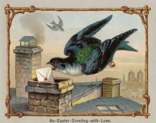Antique 1800s " Easter Greeting With Love " Swallows Birds Trade Card