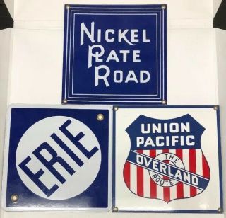 Nickel Plate Road Union Pacific The Overland Route & Erie Enamel Railroad Signs