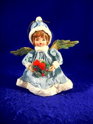 Paper Mache Angel Ornament Holding Bottle Brush Wreath 6 " Tall