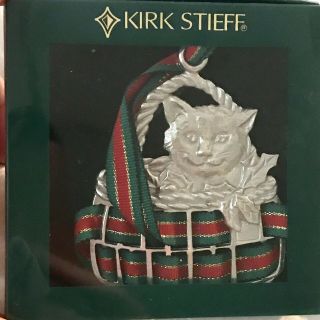 Kirk Stieff Pewter Cat Ornament Ribbon Woven Basket