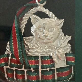 Kirk Stieff Pewter Cat Ornament Ribbon Woven Basket 2