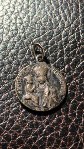Antique Catholic Holy Medal St.  Anne Beaupre Holding The Child Mary