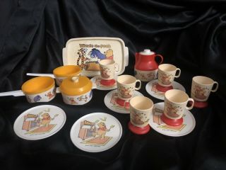 19pc Vintage Walt Disney Productions Plastic Winnie The Pooh Tea Cooking Set Usa
