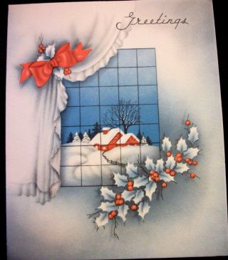 Vtg Greeting Card Christmas Card Cottage Scene Snow Window Holly Curtain