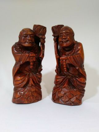 Pair Chinese Buddha Hand Carved Wood Wooden Candle Holders Vtg Sculpture Statue
