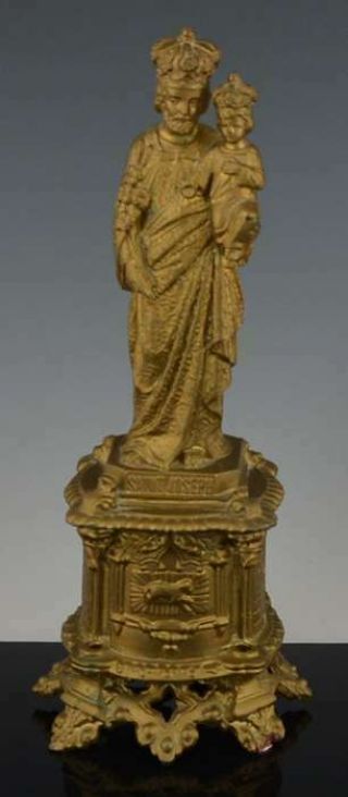 Antique French St.  Joseph Holding Baby Jesus Gilded Cast Spelter Metal Statue Nr