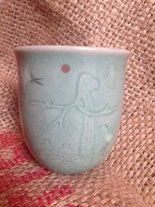 Chinese Celadon Incised & Carved Cup Tea Bowl Signed Cranes Trees