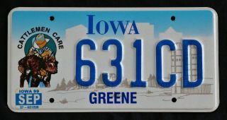 1999 Iowa Cattleman Care License Plate,  Cowboy,  631 Cd