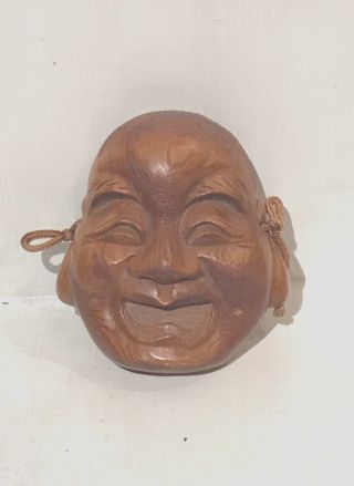 Vintage Lucky Laughing Buddha Face Figure Carving Hanging Wood Wall Statue