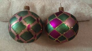 Vintage Christmas Ornaments Set Of 2 Glass Purple Green Pink Gold Glitter