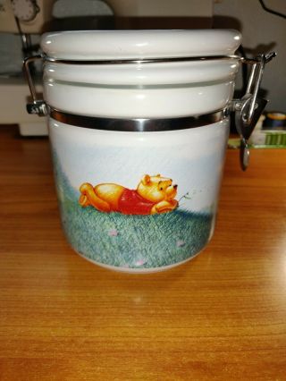 Disney Simply Pooh Winnie The Pooh Bear Latched Storage Jar Canister Ceramic 8 "