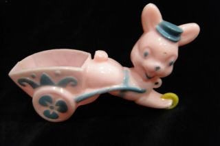 Vintage Easter Bunny Rabbit Cart Pull Toy Pink & Blue Hard Plastic Candy Holder