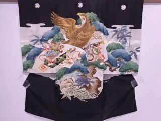80896 Japanese Kimono / Vintage Kimono For Boys / Embroidery / Hawk & Pine
