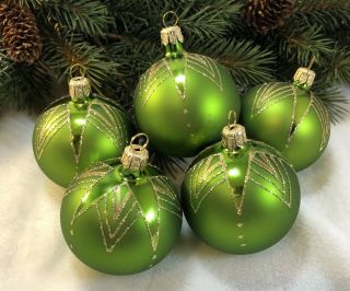 Five Vintage Lime Green Glass Christmas Ornaments Gold Glitter Made In Poland 2 "