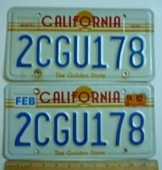 Pair California State License Plates 2cgu178 The Golden State 1992 Tag