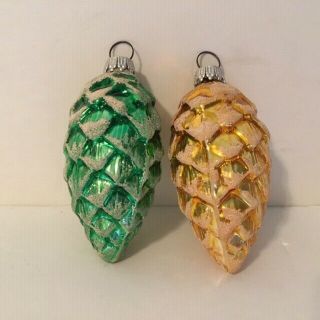 Vtg Green & Gold Pine Cone Christmas Ornament West Germany Mercury Glass Holiday