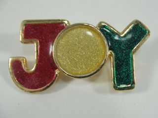 Christmas Holiday " Joy " Pin Brooch Gold - Tone With Enamel 2 " Wide