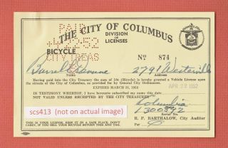 Rare 1952 Columbus Ohio Bicycle License Not Plate