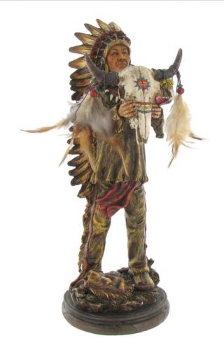 Native American Warrior Indian Sculpture Holding A Skull Art Statue Figurine