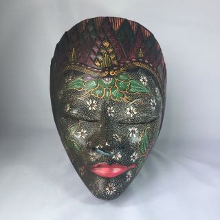Hand Carved And Painted Balinese Wood Wall Art Mask Dark Mahogany Color