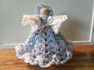 Vintage Hand Crochet Angel Clothespin Doll Blue And White