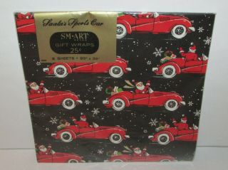 NOS Vintage Christmas Gift Wrapping Paper Santa ' s Sports Car Smart 2