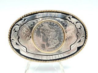 Comstock Silversmiths Belt Buckle " Ert & Gc High Overall " W/ 1885 Silver Dollar
