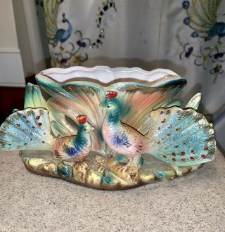 Vintage 1940s Peacock & Peahen Pottery Vase Marked On Bottom Japan 9” X 4” X 2”