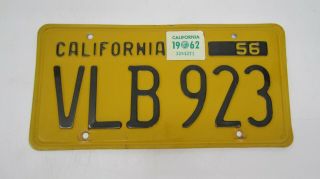 1 Vtg 1950s 1956 Black On Yellow California License Plate Tag Vlb 923