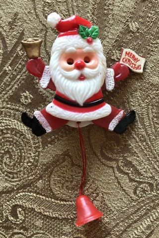 Vintage Dancing Jumping Santa Brooch Pull String Plastic Christmas Pin Hong Kong
