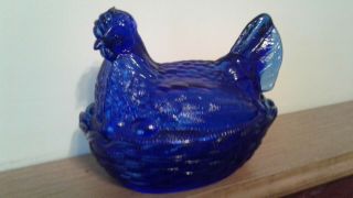 Split Tail Cobalt Blue Glass Hen Chicken On Nest Basket
