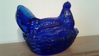 Split Tail Cobalt Blue Glass Hen Chicken on Nest Basket 2