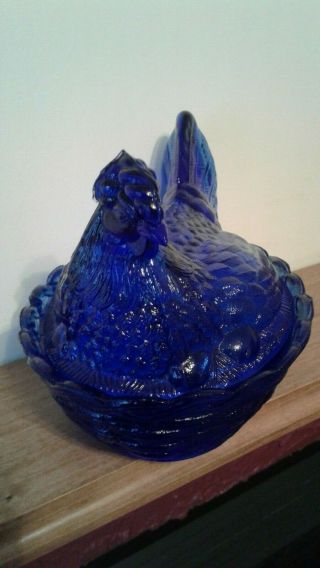 Split Tail Cobalt Blue Glass Hen Chicken on Nest Basket 4