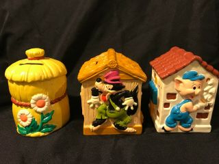 Vintage Three Little Pigs Ceramic Banks Walt Disney Japan 7