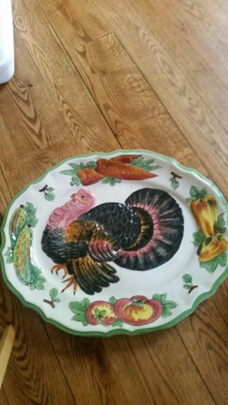 Large 20 " Antique/vtg Italy Porcelain Turkey Thanksgiving Serving Platter Signed