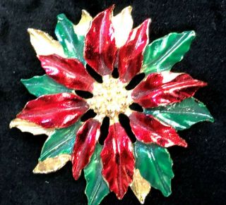 2 1/4 " Vintage Enamel Layered Poinsettia Flower Brooch Pin Red,  Green,  Gold Tone