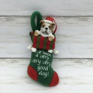 Handsome Brown White Bull Dog Resin Dog In Plush Stocking Ornament