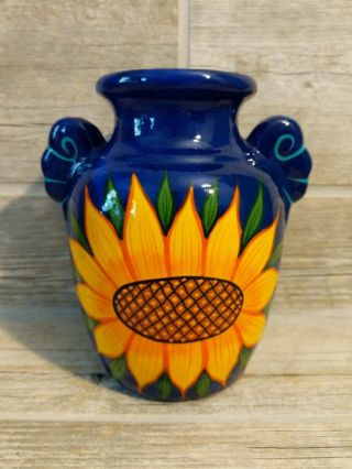 Vintage Mexican Talavera Alcumal Hand Painted Sunflowers Pottery Vase 7 " H