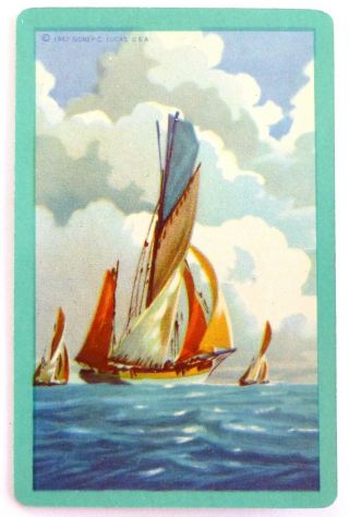 Vintage Swap Card C1947 Yacht Sailing Painting.  Sidney C Lucas.  Gilt Edge Arrco