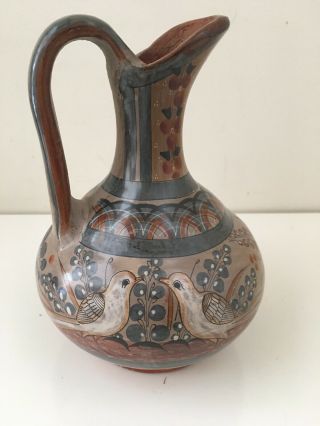 Vintage Mexican Tonala Tlaquepaqu Hand Painted Folk Art Pottery Vase Pitcher 9”
