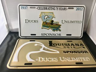 (2) Metal Louisiana Ducks Unlimited Sponsor License Plate 2015 & 2012 75th Anv