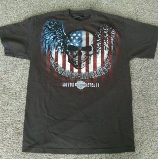 Harley Davidson T - Shirt Brown Wolverine Detroit Michigan Med Skull American Flag