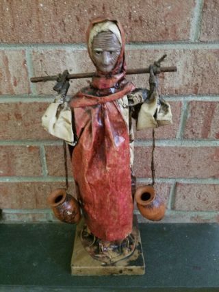 Paper Mache Mexican Folk Art Woman 12 " Figurine 2 Water Jugs Vintage